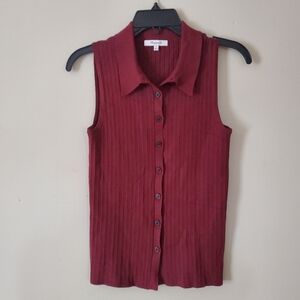 Madewell Button down Burgundy Collared Ribbed Knit Stretch Top Size Small